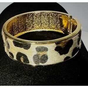 Plunder Gold Tone Leopard Print Hinged Bangle Cuff Bracelet
